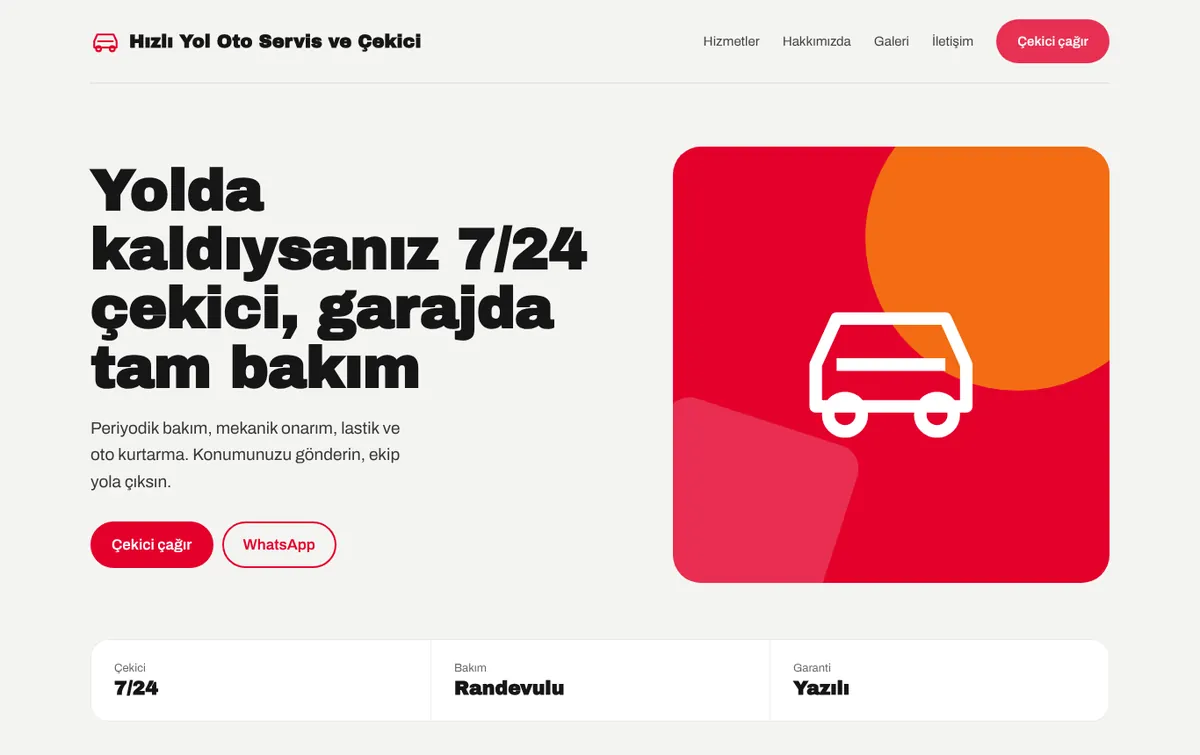Oto servis ve çekici için örnek web sitesi tasarımı