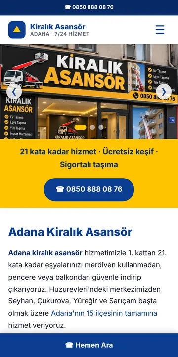 Adana Kiralık Asansör sitesinin mobil görünümü