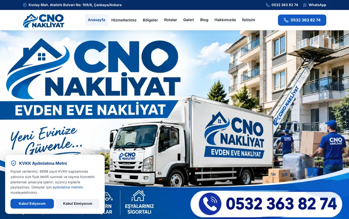 CNO Nakliyat web sitesi anasayfası
