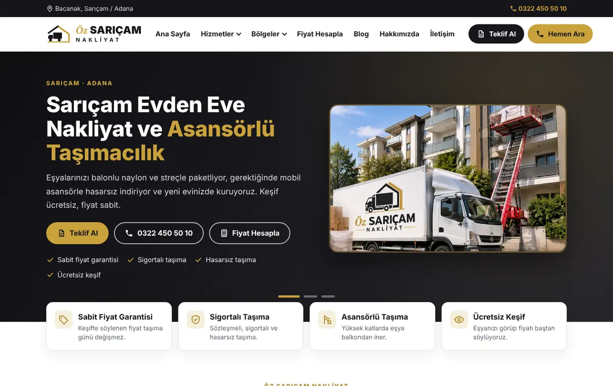 Öz Sarıçam Nakliyat web sitesi anasayfası
