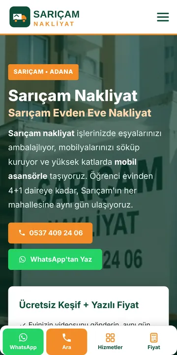 Sarıçam Nakliyat sitesinin mobil görünümü